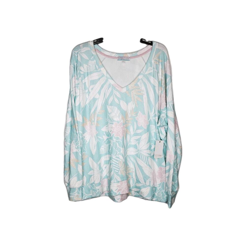PJ Salvage Womens SZ 2X Teal Pink Printed Long Sleeve Pajama Top Soft Comfort